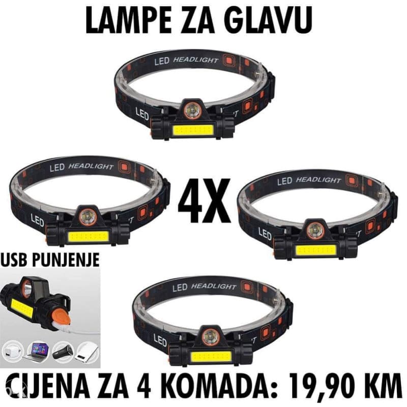 4x komada PUNJIVA BATERIJA BATERIJSKA LAMPA ZA GLAVU NAGLAVNA