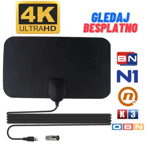 Sobna TV Antena DVB-T2 – HD/4K Signal, 3m Kabal, Do 80km Domet