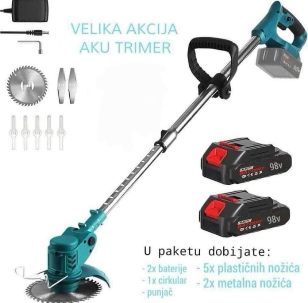 Aku trimer za travu 98V sa 2 baterije 4